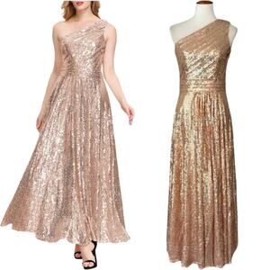 Kate Kasin Rose Gold Sequined Asymmetric Maxi Prom Dress Size US 6